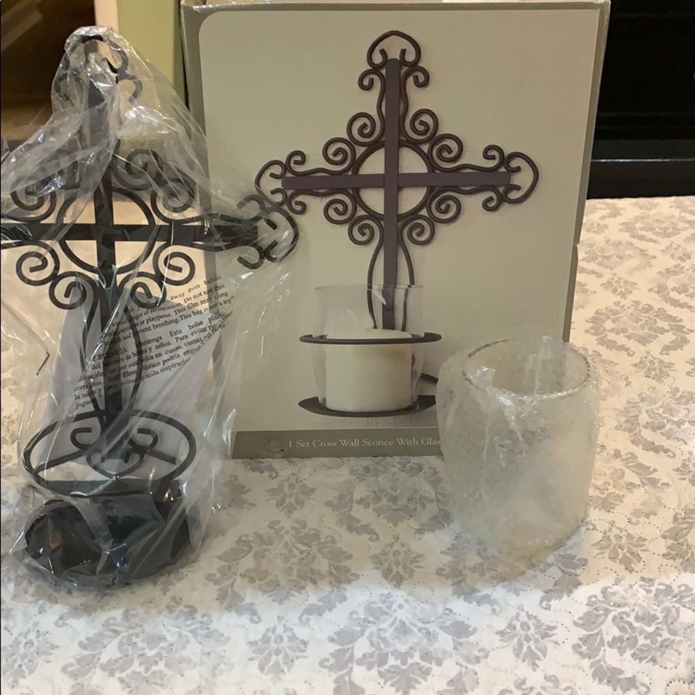 New in box- Cross Wall Sconce with glass hurricane